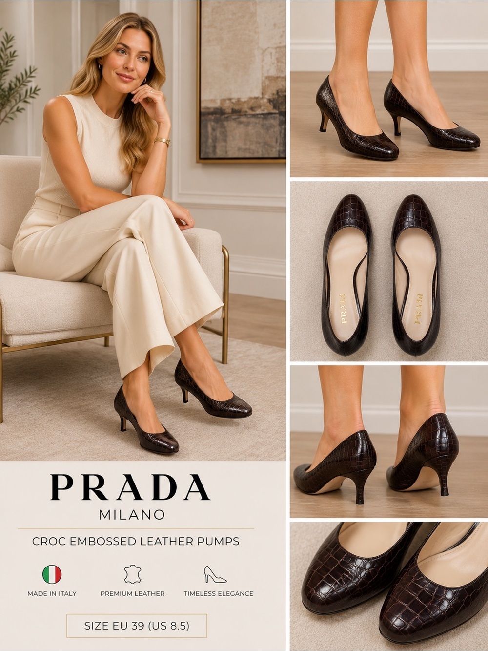 Prada Croc-Embossed Leather Pumps in Dark Brown